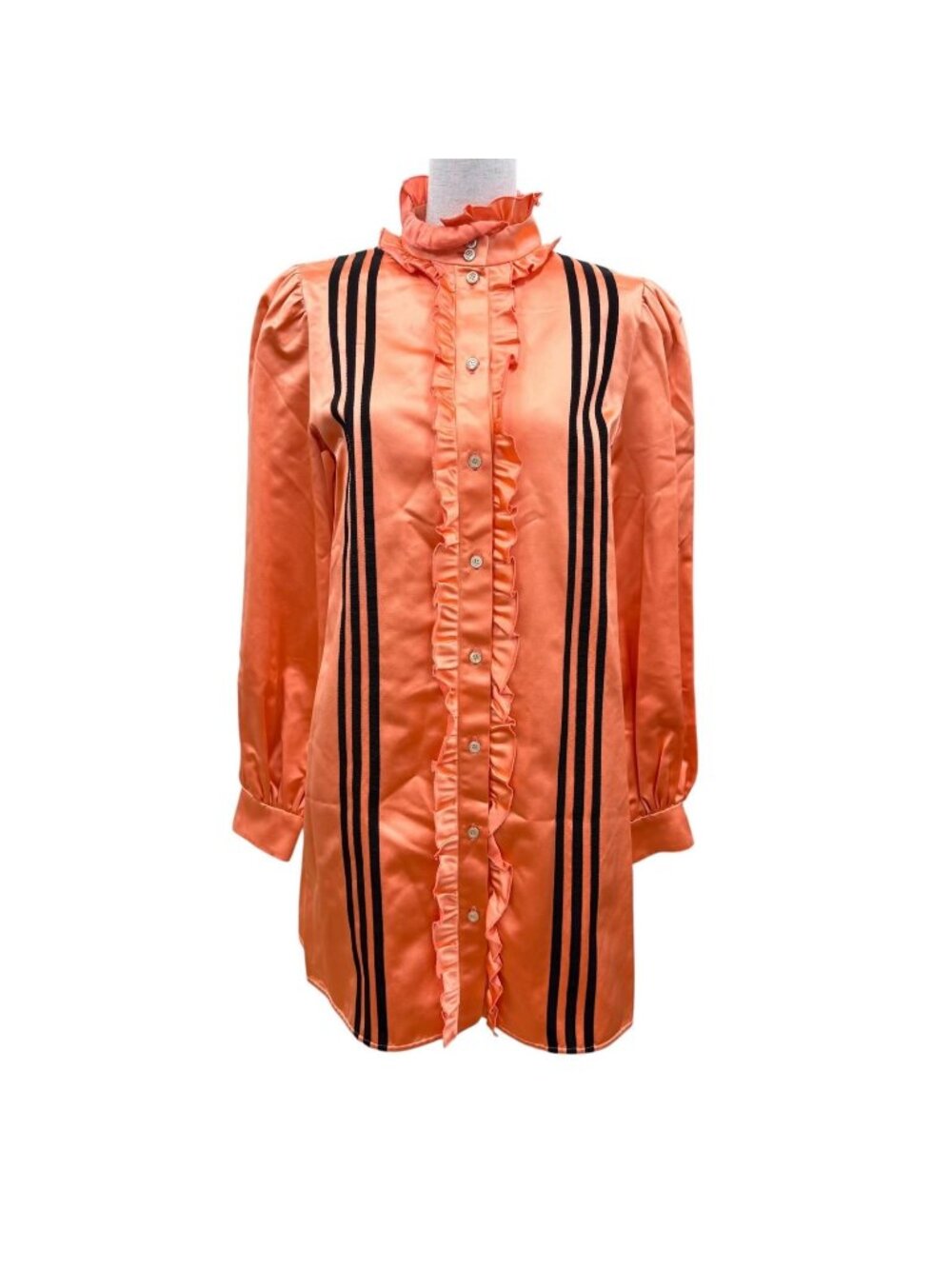 Gucci x Adidas Silk 100% Ruffle Long Sleeve Shirt Dress Orange 42